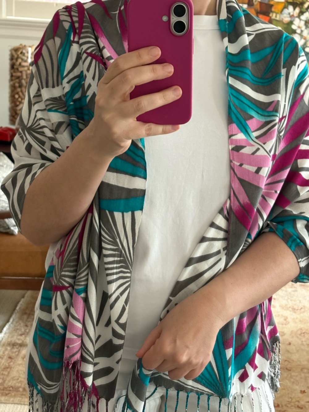 Colorful Palm-Print Fringe Scarf / Wrap - Teal, Pink, Gray, White